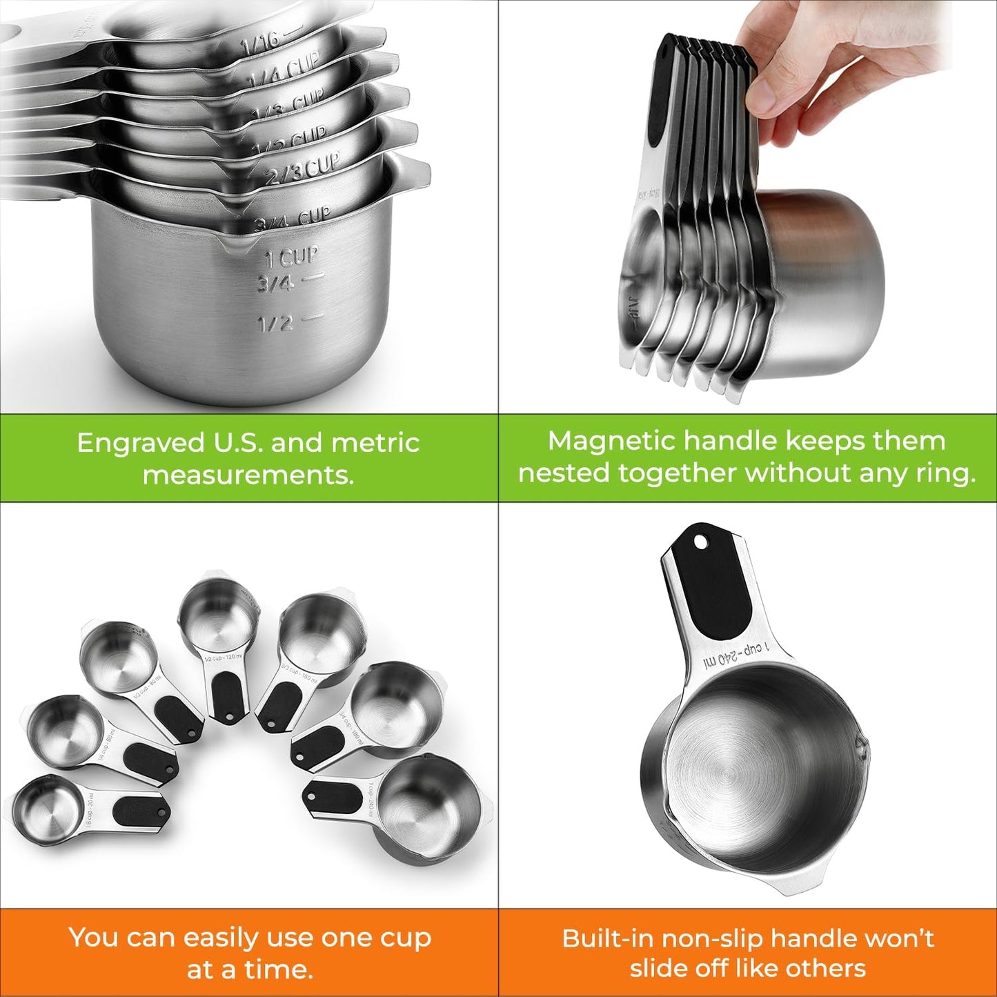 Spring Chef Magnetic Stainless Steel Measuring Cups, Patented, Kitchen Tools with Easy to Read Markings for Measuring Dry or Liquid Ingredients, Set of 7, Black
