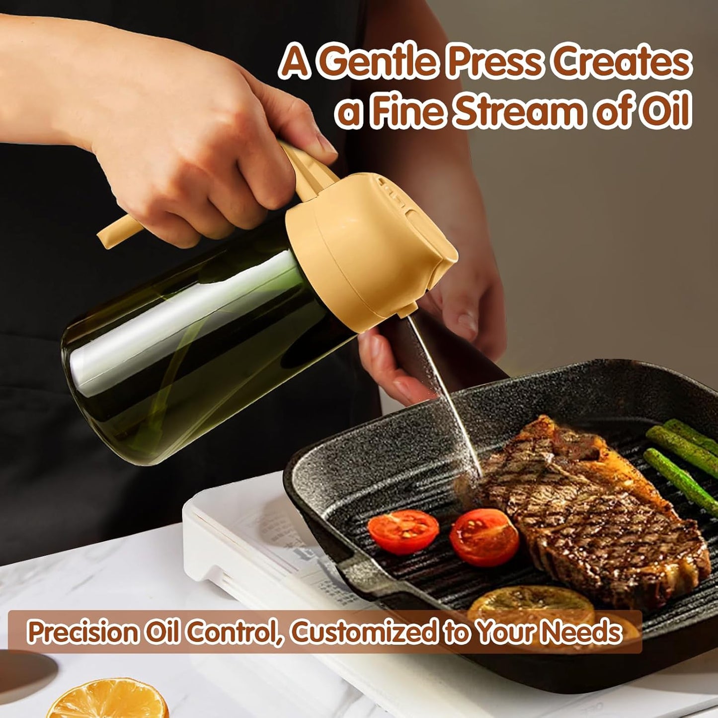 YARRAMATE 16oz/470ml Light-Blocking Dark Oil Sprayer for Cooking, 2 in 1 Olive Oil Dispenser Bottle for Kitchen, Premium Dark Green Glass Oil Bottle, Food-Grade Oil Mister for Air Fryer, BBQ (Orange)