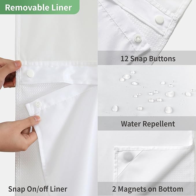 No Hook Waffle Weave Shower Curtain with Snap-in Fabric Liner Set,White Shower Curtains for Bathroom with See Through Top Window,Water Repellent & Washable,71Wx74H
