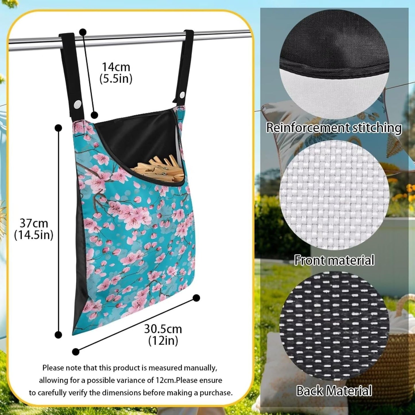 Cherry Blossom Clothespin Pouch Clothespin Bag with Hanging Hook Waterproof Clothes Pin Hanging Bag Space-Saving Clothespin Storage Organize Clothespin Bag for Clothesline Outdoor, 1 Pack