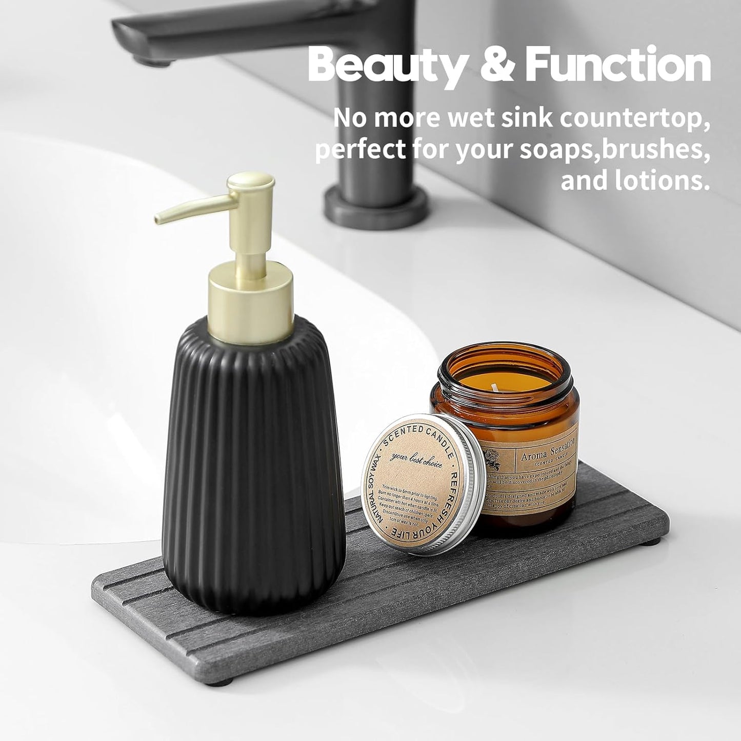 2PCS Diatomite Quick Stone Drying Tray Mat For Bathroom & Kitchen Counter, Instant Dry Water Absorbent Drink Bar Coaster,Vanity Sink Caddy Organizer,Dish Soap Sponge Holder, Dark Gray,9"x3.5"