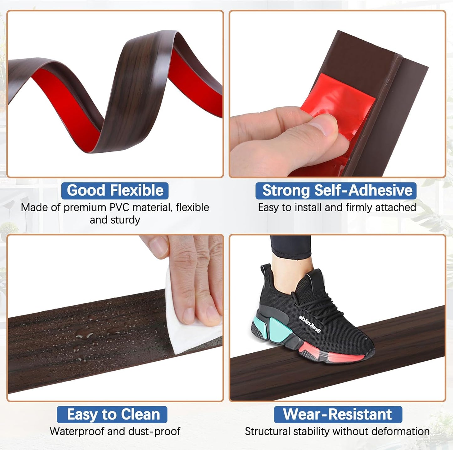 Vinyl Door Threshold Flooring Transition Strip Self Adhesive Carpet Edging Strip for Laminate Doorway Edge Threshold from 2/5" to 3/5" (Brown Wood Grain, 6.6 Ft)
