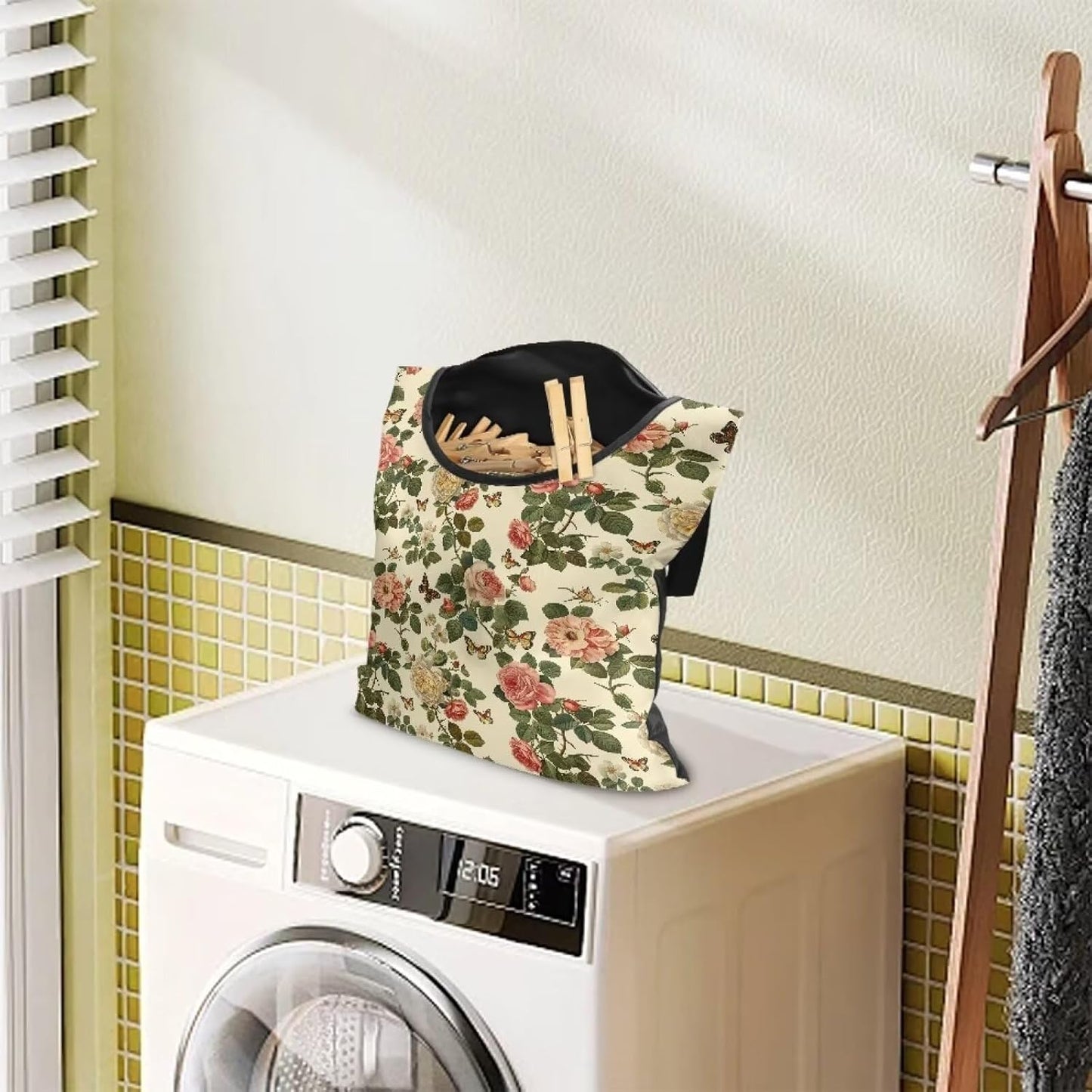 Floral Clothes Pin Hanging Bag with Hanging Rope 14.5 X 12 Inch Clothespin Bag for Clothes Pins and Clothespins - Heavy Duty Outdoor Use