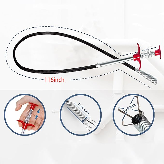 Drain Snake,116 inch Drain Clog Remover - Flexible Grabber Claw Pick Up Reacher Tool for Home Sink, Bathroom Tub,Drain, Toilet, Tight Spaces