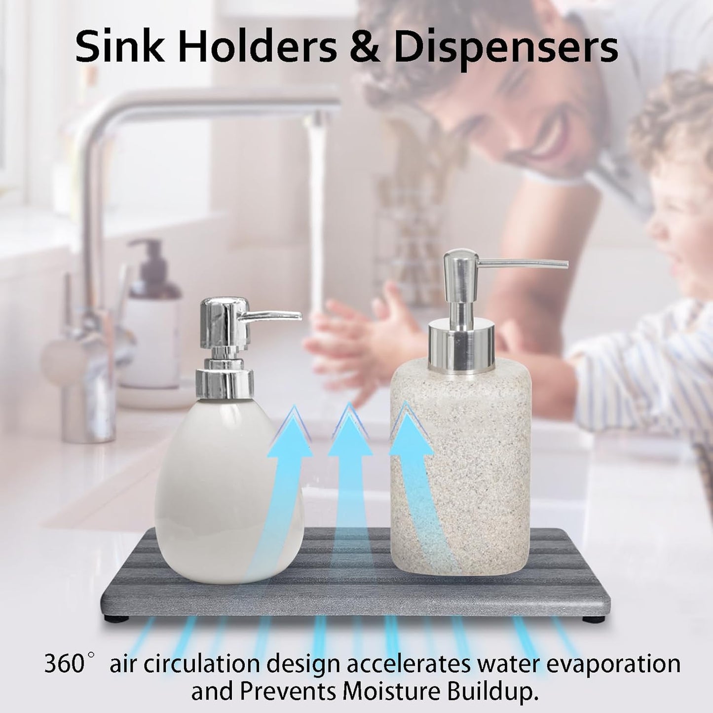 Diatomite Soap Dish, Water Absorbing Stone Tray, Kitchen Sink Organizer, Fast Drying Counter Holder (Grey, 9.5" x 4.7"/24 x 12cm)