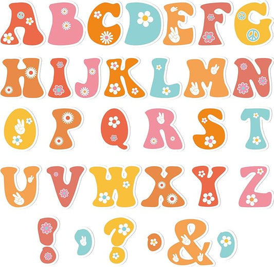 150 PCS Large 6" Font Letters and Punctuation Set, Groovy Party Hippie Boho Daisy Classroom Alphabet for Bulletin Board Display Home School, A Great Helper to Inspire Students' Learning Interest