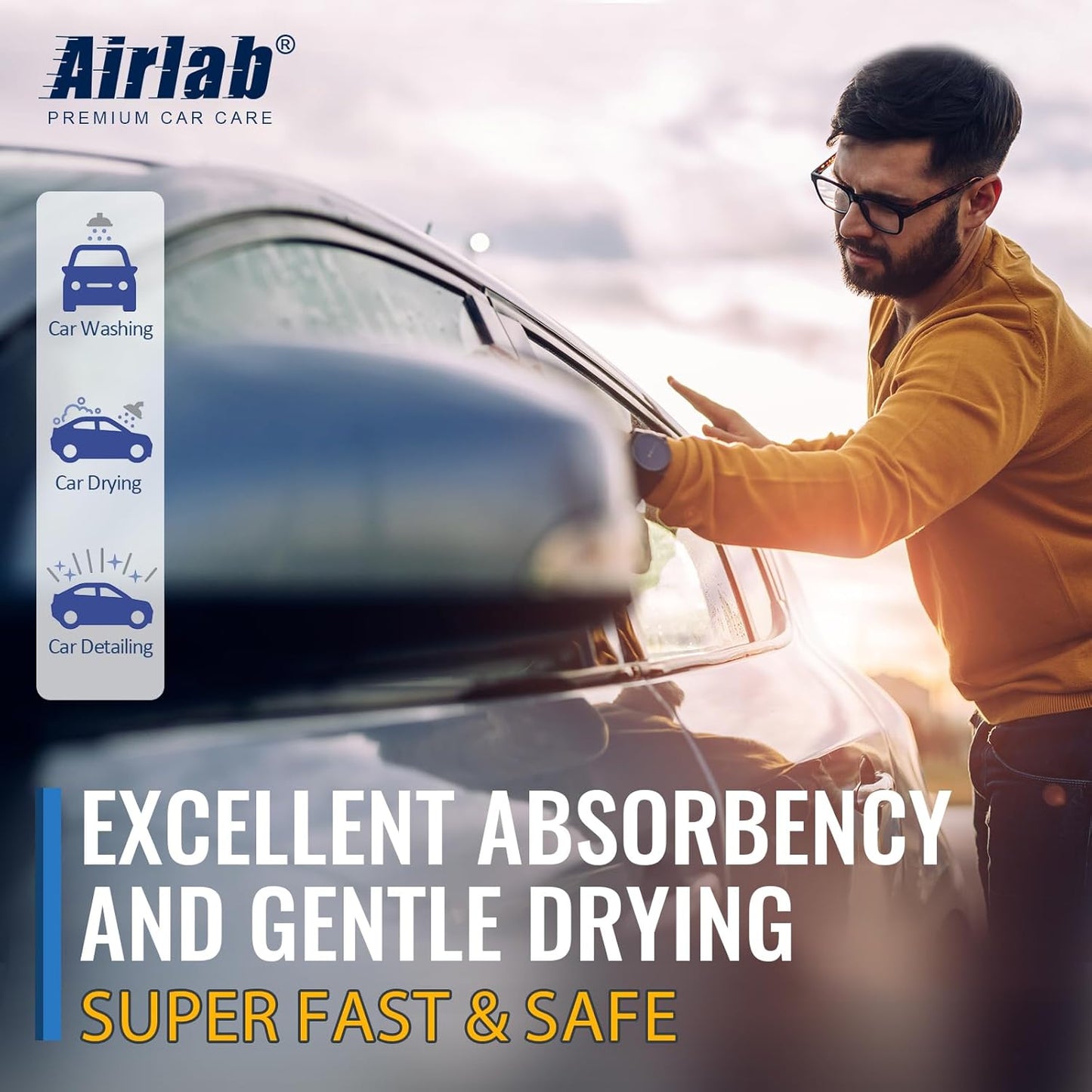 Airlab Microfiber Towels for Cars Wash Drying Super Absorbent Cleaning Cloth Auto Detailing Ultra Soft, Lint-Free, Streak-Free, 24 x 16 Inch, Pack of 2, Grey-Black, 600 GSM