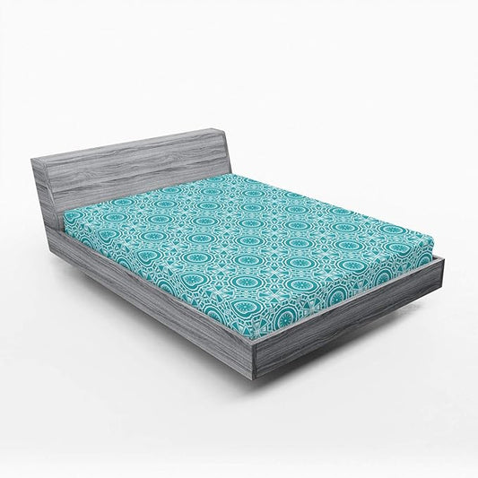 Ambesonne Boho Fitted Sheet, Continuous Abstract Pattern with Modern Mandala Effect Monochrome, Bed Cover with All-Round Elastic Deep Pocket for Comfort, Queen Size, Dark Seafoam and White