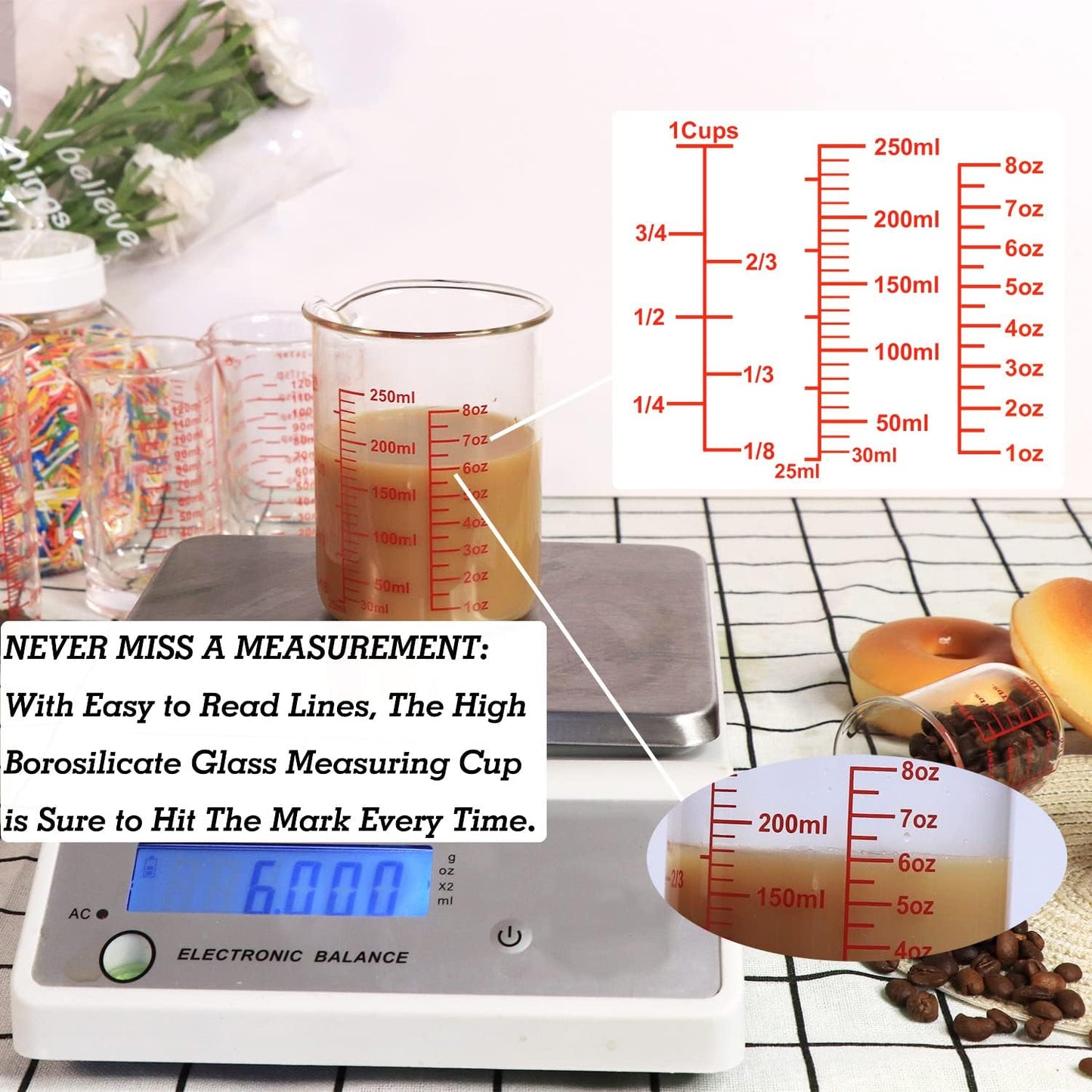Ackers Glass Measuring Cup 1 Cup,8oz Borosilicate Liquid Measuring Cup with Spout