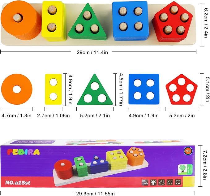 PEBIRA Montessori Toys for 1 to 3-Year-Old Boys Girls Toddlers, Wooden Sorting & Stacking Toys for Toddlers and Kids Preschool, Educational Color Recognition Shape Sorter, Learning Puzzles Gift