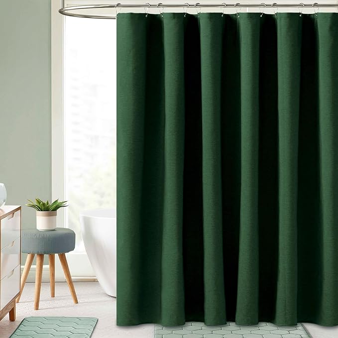 BTTN Extra Wide Shower Curtain - 108x72 Inch Linen Textured Waterproof Fabric Shower Curtain Set with 18 Plastic Hook, Large Modern Farmhouse Cloth Bathtub Shower Curtains for Bathroom - Emerald Green