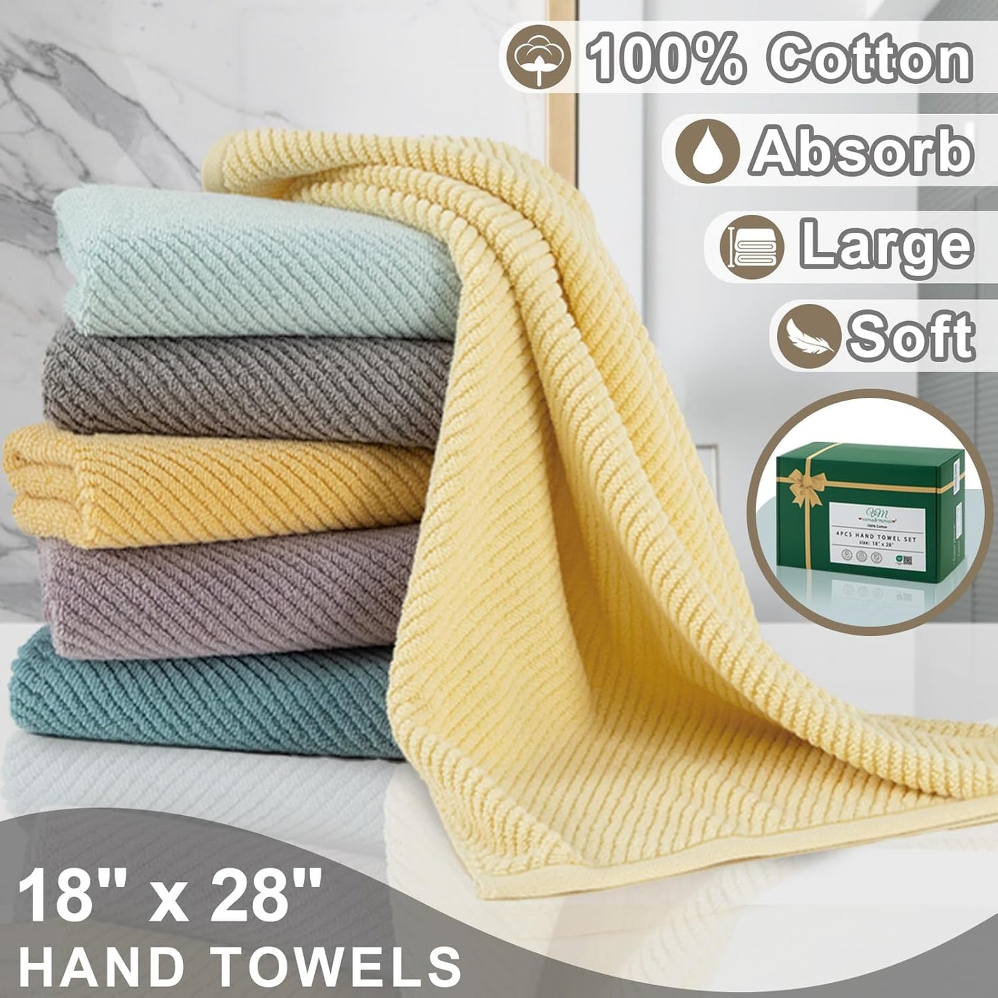 Beige Hand Towels, Hand Towels for Bathroom Set of 4, Large 18"x 28" - 100% Cotton | Lightweight | Thick | Quick Dry | Soft | Absorbent, Luxury Towel Set, Bathroom Essentials, Dark Beige