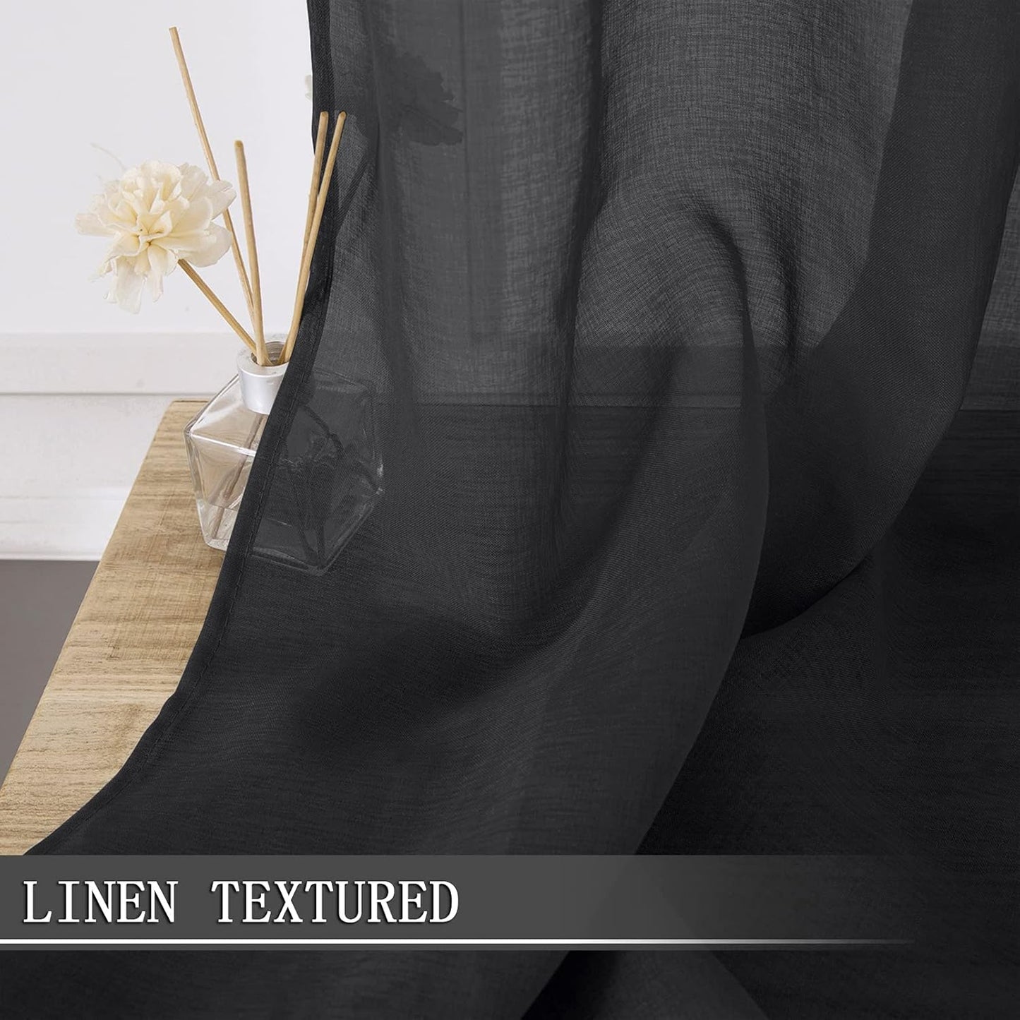 Tollpiz Short Sheer Curtains Linen Textured Living Room Curtain Sheers Light Filtering Rod Pocket Voile Curtains for Bedroom, 42 x 45 inches Long, Black, Set of 2 Panels