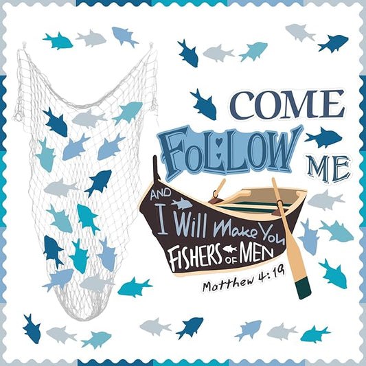76 Pcs Fishers of Men Bulletin Board Decorations Set Religious Classroom Bulletin Board Fish Cutouts Christian Jesus Chalkboard Decorations for Sunday School Wall Decor Supplies