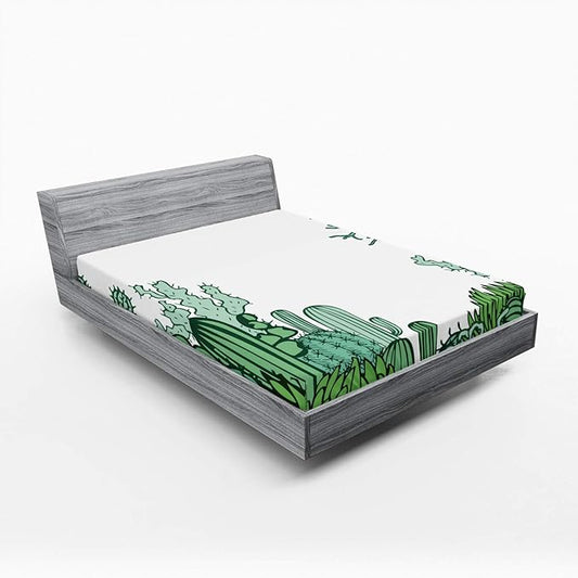 Ambesonne Cactus 2 Pack Fitted Sheet, Arizona Doodle Desert, Bed Cover All-Round Elastic Deep Pockets 2 Pieces, Package Contains 2 Queen Size Fitted Sheets, Green Pale Green Seafoam