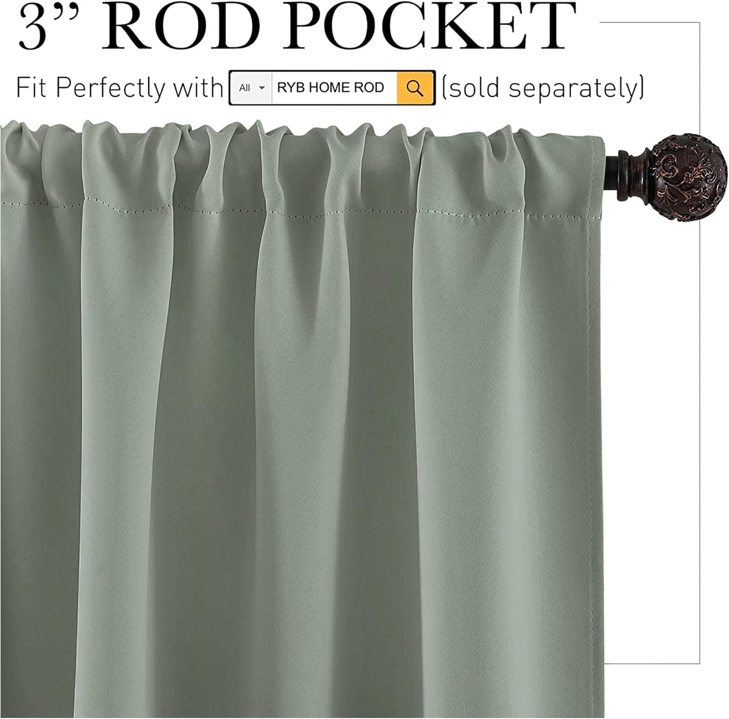 RYB HOME Small Window Curtains Blackout - Privacy Energy Saving Insulating Curtains Blinds for Bedroom Bathroom Basement Kids Nursery Kitchen, W 34 x L 48 inches, Sea Green, 2 Panels