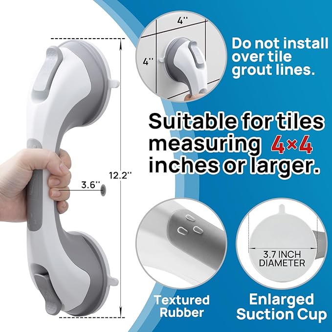 LEVERLOC Grab Bars for Bathtubs and Showers 2 Pack Suction Grab Bar, Heavy Duty 12 Inch Shower Handle Removable Bath Handrails for Seniors and Elderly, Bathroom Safety Grip No Drilling Waterproof Grey
