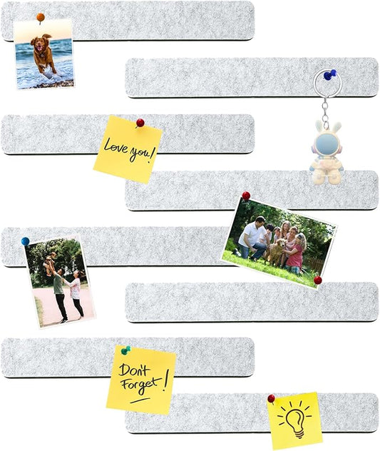 8Pcs Rectangle Felt Cork Board Bar Strips with 35 Pushpins, Self-Adhesive Bulletin Board Strips for Office School Home Wall Decor Stickers Memos Schedules Photos Display -Light Grey