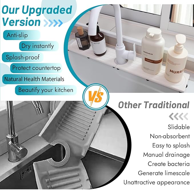 Fast Drying Stone Faucet Mat for Kitchen Sink with Raised Feet, Water Absorbent Diatomite Stone Sink Tray, Faucet Sink Splash Guard, Prevents Moisture Buildup, Durable Protector for Bathroom Counter