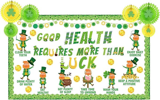 82 Pcs St Patrick's Day Bulletin Board Healthy Habits Decorations Good Health Requires More Than Luck Shamrock Gold Coin March Bulletin Board Set Clover Cutouts for Classroom School Decor