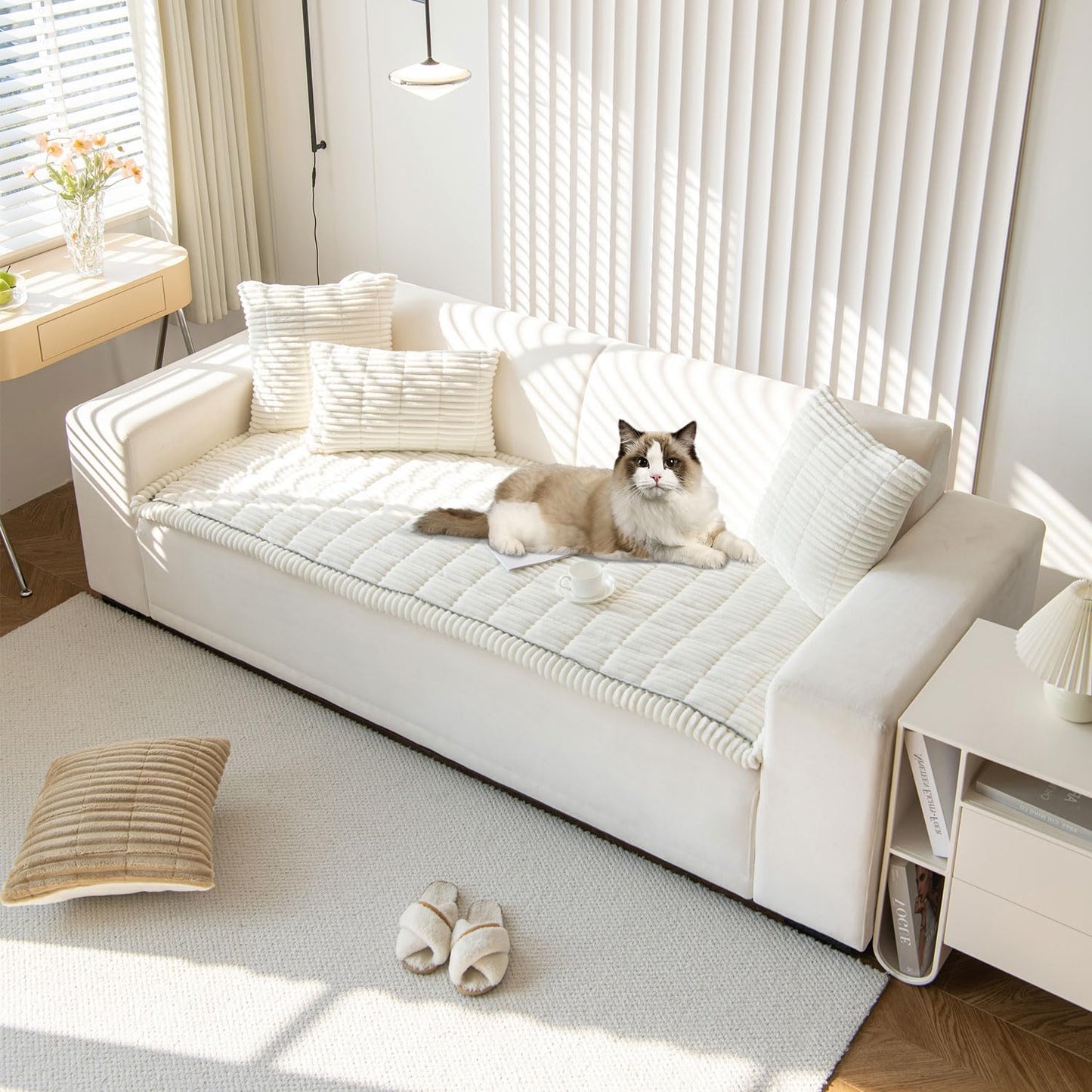 OTOB Dog Couch Covers for 3 Cushion Washable Non Slip Plush Pet Friendly Bed Mat Sofa Cover for Dogs, All Seasons Cozy Soft Fuzzy Furniture Protector Sofa Slipcovers (Cream, 27.6" x 59.1")