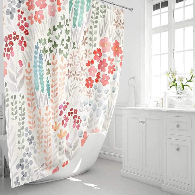 Small Stall Shower Curtain 36 x 72 Inch, Half Narrow Cute Floral Shower Curtain for Bathroom, Retro Red Teal Wildflower Boho Cottagecore Fabric Shower Curtain Set with Hooks