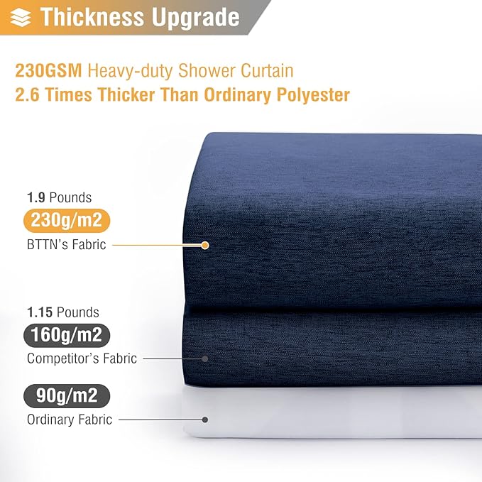 BTTN 78 Inch Long Shower Curtain - Linen Textured Thick Weighted Fabric Shower Curtain Set with 12 Hooks, Tall Neutral Heavy Duty Waterproof Polyester Shower Curtains for Bathroom - 72x78 - Navy Blue