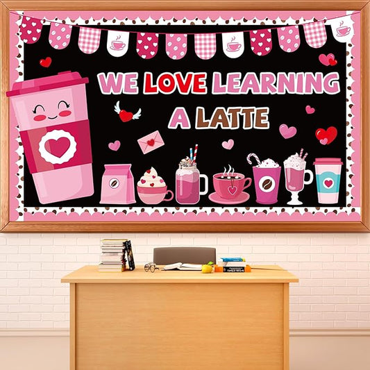 Valentine's Day Coffee Bulletin Board Set Valentines Coffee Cup Classroom Decorations Pink Red Heart Paper Cutouts Valentine's Day Bulletin Board for School Classroom Office Wall Door Decor Supplies