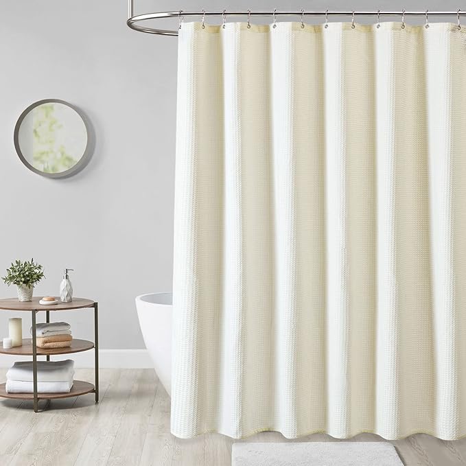 Dynamene Extra Long Fabric Shower Curtain， Waffle Weave 84 Inches Long Heavy Duty Cloth Shower Curtains for Bathroom, 256GSM Hotel Luxury Bath Curtain Set with 12 Plastic Hooks(72Wx84H, Cream/Ivory)