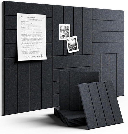 Fluxynara Felt Bulletin Board Tiles Large 36" x 24" Cork Board Alternative-6 Pack with 40 Adhesive Tabs, Slat Wall Panels for Office Decor, Push Pin Board Wall Organizer - Deep Charcoal Blue
