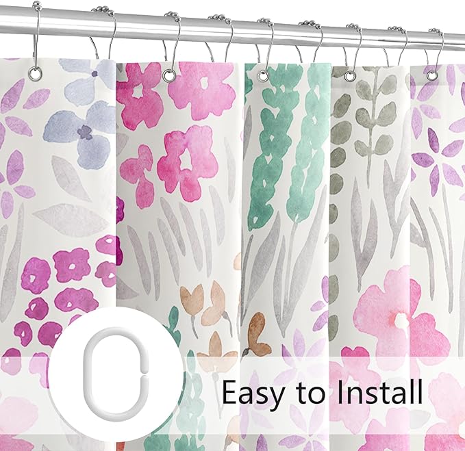 Extra Long Shower Curtain 72 x 84 Inch, Tall Cute Floral Shower Curtain for Bathroom, Hot Pink Wildflower Boho Cottagecore Fabric Shower Curtain Set with Hooks