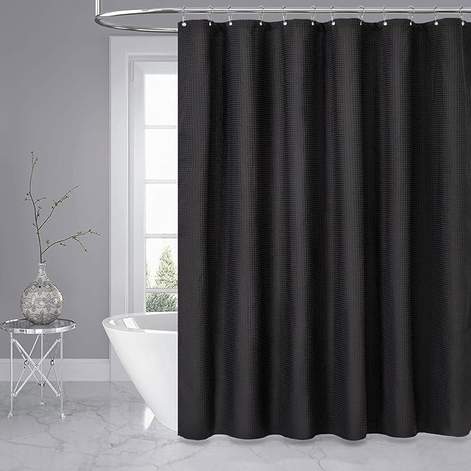 Dynamene Extra Wide Shower Curtain-108 Inch Wide Waffle Weave Weighted Thick Cloth Bathroom Shower Curtain, Neutral Heavy Duty Hotel Bath Curtain Set with 18 Plastic Hooks,108x72,Black