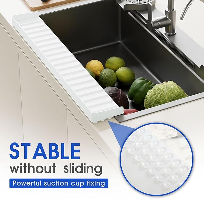 20"x4" Silicone Sink Edge Protector - Splash Guard with Suction Cups & 5° Tilt, Cuttable Edge Guard for Kitchen Sink, Bathroom,Granite & Quartz Countertops(White)
