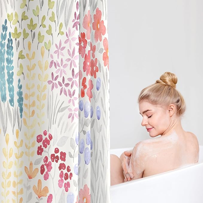 Colorful Floral Shower Curtain 60x72, Cute Boho Flower Fabric Shower Curtains, Funky Watercolor Wildflower Shower Curtain Set, Cottagecore Bohemian Bathroom Decor, Ivory