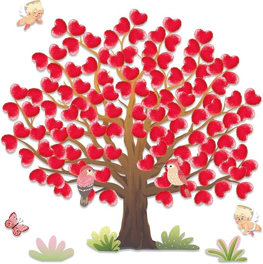 Pajean Valentines Bulletin Board Decorations Valentine Day Tree Bulletin Board Set Heart Bird Angel Classroom Tree Stickers Heart Wall Background Banner Door Decor (Cute Style)