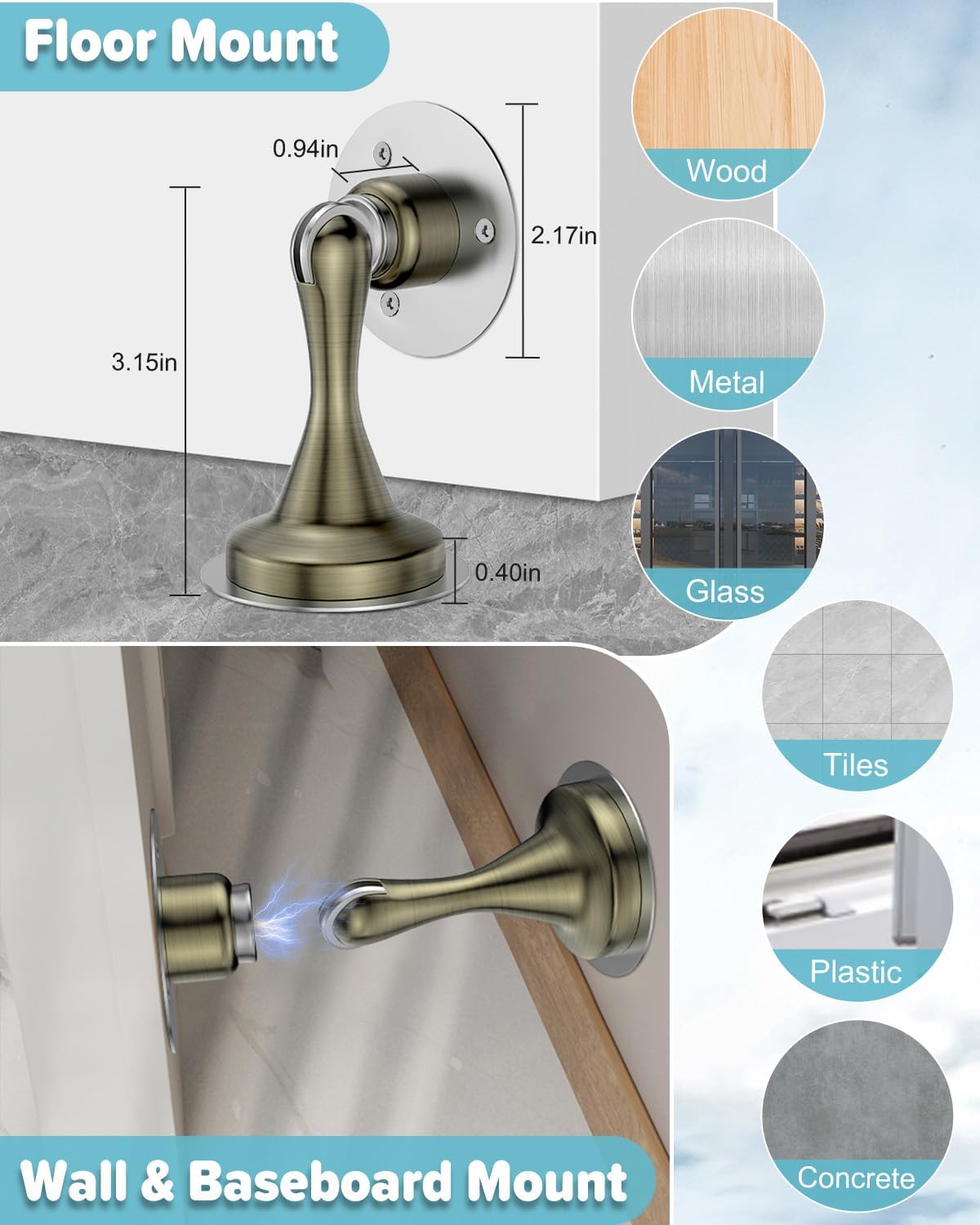 Door Stoppers Magnetic Door Catch - 2 Pack Stainless Steel Heavy Duty Door Stops for Bottom of Door, Wall & Floor Mounting No-Drill Strong Adhesive & Screws, Door Holder to Keep Door Open,Bronze