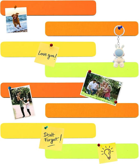 8Pcs Rectangle Felt Cork Board Bar Strips with 35 Pushpins, Self-Adhesive Bulletin Board Strips for Office School Home Wall Decor Stickers Memos Schedules Photos Display -Gradual Orange