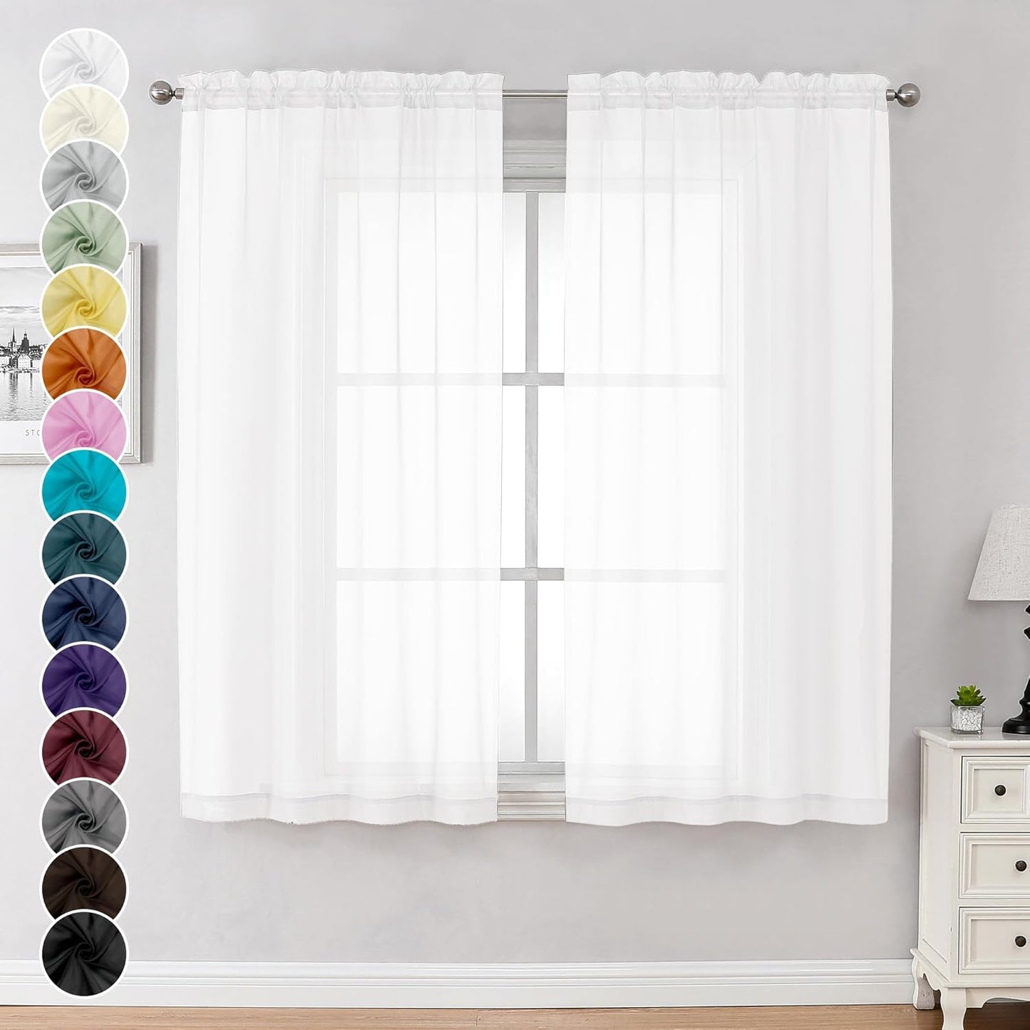 Chyhomenyc White Sheer Curtains 63 Inch Length 2 Panels Set, Light Filtering Rod Pocket Window Curtain Treatment Drapes for Bedroom Living Room, Each 42Wx63L, Set of 2, White