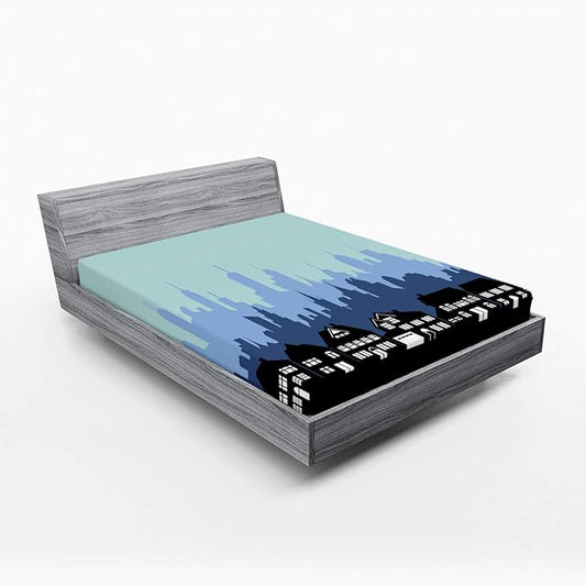 Ambesonne Silhouette 2 Pack Fitted Sheet, City Skyline House Shade, Bed Cover All-Round Elastic Deep Pockets 2 Pieces, Package Contains 2 Queen Size Fitted Sheets, Black Seafoam and Blue Grey