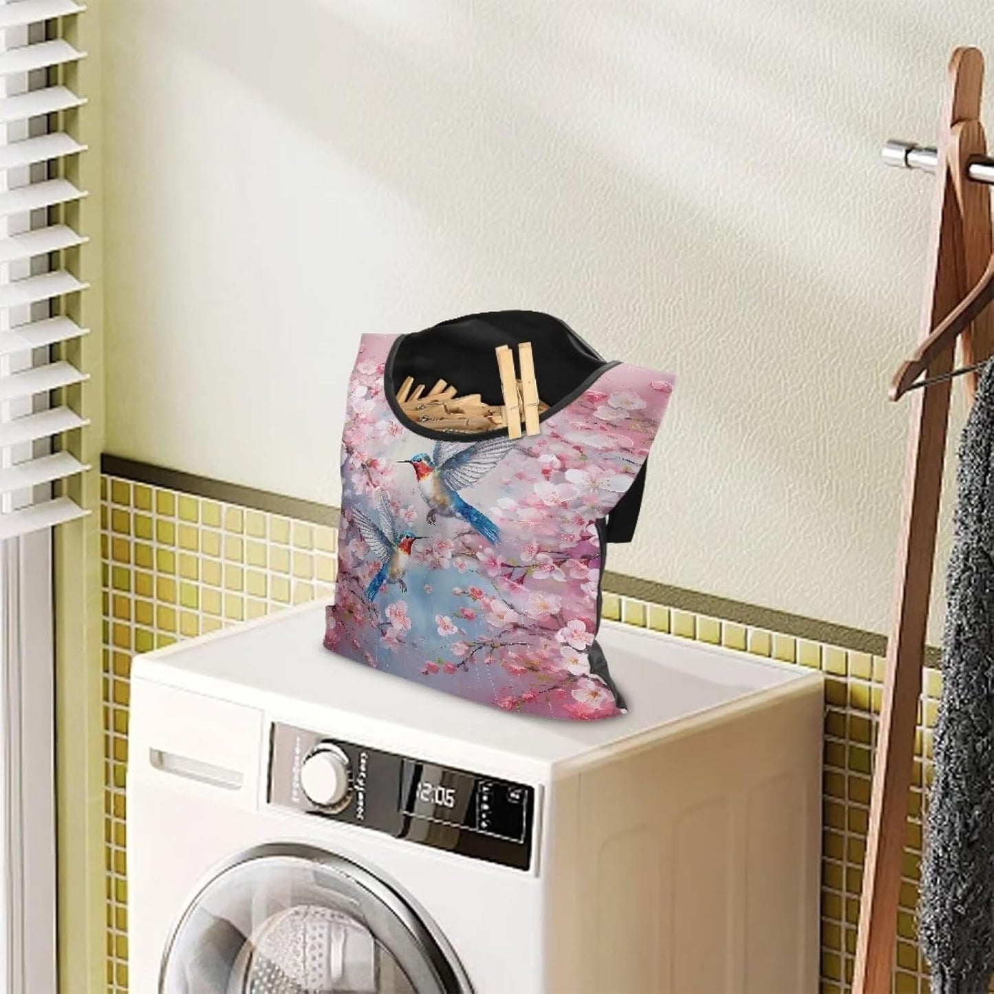 Hummingbird Clothespin Bag with Hanging Hook Cherry Blossom Clothes Pin Holder Waterproof Clothespin Storage Organizer with Large Opening Clothespin Bag for Clothesline Outdoor