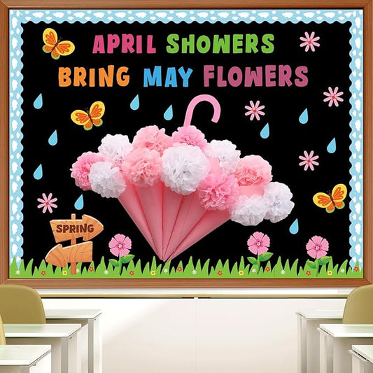 April Showers Bring May Flowers Bulletin Board with 3D Tissue Paper Pompoms Summer Floral Classroom Decoration Umbrella Clouds Flower Cutouts for Window Home Class School Nursery Supplies