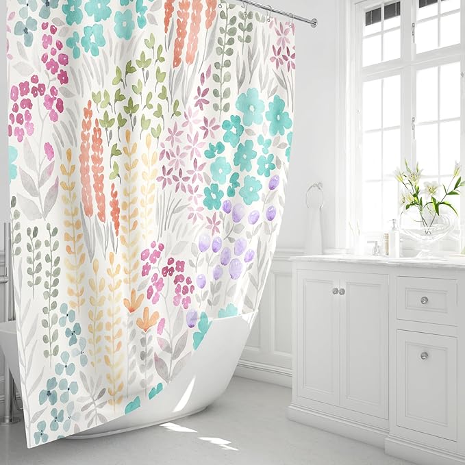 Teal Blue Cute Floral Shower Curtain, Colorful Boho Flower Fabric Shower Curtain, Funky Watercolor Wildflower Shower Curtain Set, Cottagecore Bohemian Bathroom Decor, 72x72