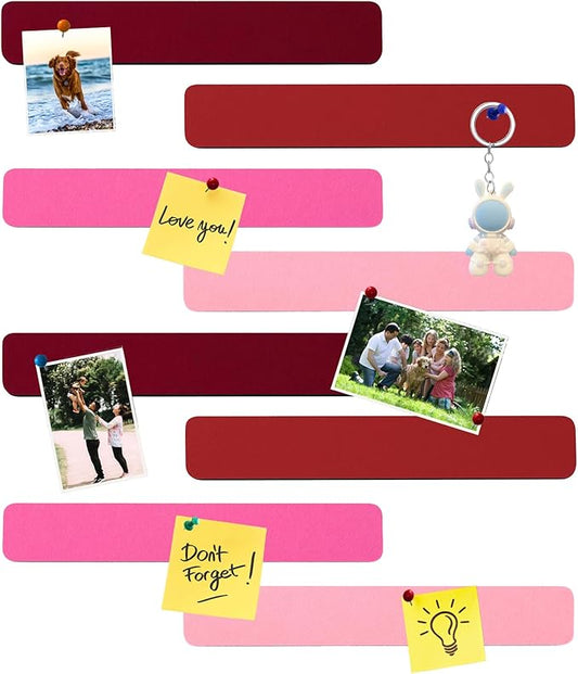 8Pcs Rectangle Felt Cork Board Bar Strips with 35 Pushpins, Self-Adhesive Bulletin Board Strips for Office School Home Wall Decor Stickers Memos Schedules Photos Display -Gradual Red