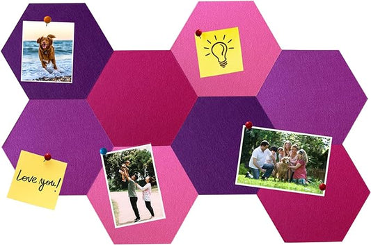 8Pcs Hexagon Felt Cork Board Tiles, Self Adhesive DIY Bulletin Board Pin Board for Office School Home Wall Decor Stickers Memos Photos Display (Gradual Purple)