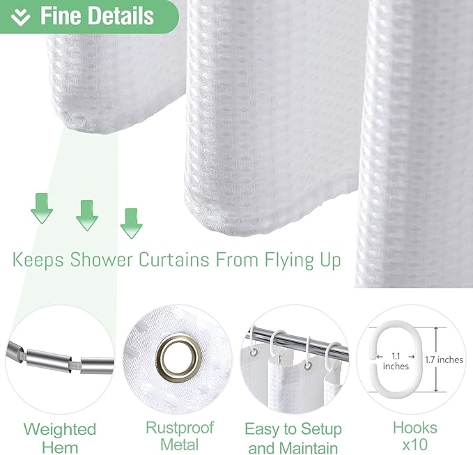Dynamene Stall Fabric Shower Curtain - 60 x 84 inch Long Waffle Weave Weighted Thick Cloth Shower Curtain for Bathroom, Neutral Heavy Duty Hotel Spa Luxury Shower Curtain Set with 10 Hook, White