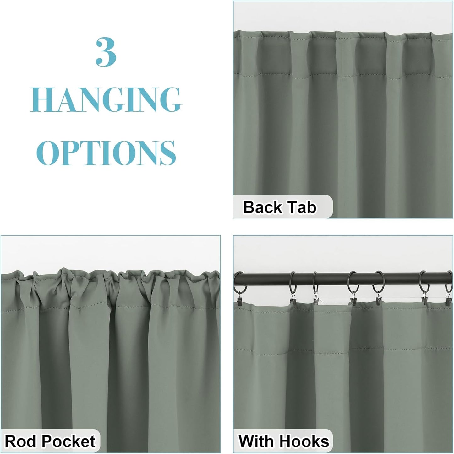 RYB HOME Sage Green Curtains for Living Room, Elegent Farmhouse Vertical Back Tab& Rod Pocket Blackout Window Decor for Bedroom Dining, Sliding Glass Door Home Office Drapes, W62 x L84, 2 Panels