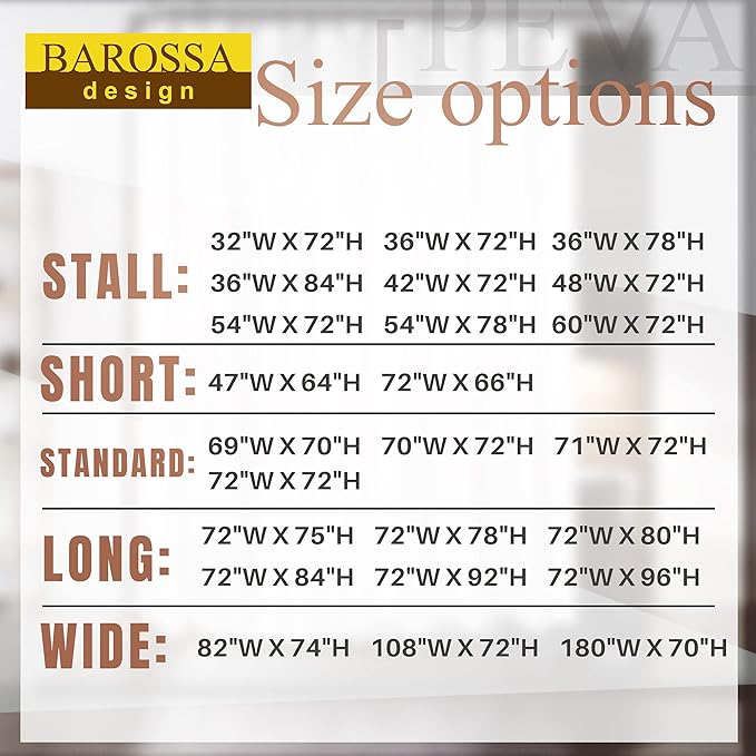 Barossa Design Short Shower Curtain or Liner with 6 Weighted Magnets, 72 x 66 inch Length, Heavy Duty PEVA, Waterproof, PVC Free, 12 Metal Grommets, Clear, 72x66