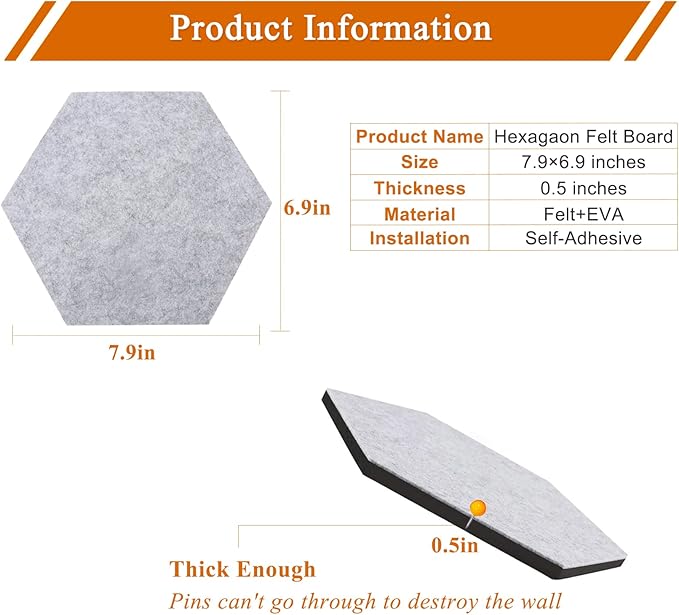 8 Pcs Hexagon Felt Cork Bulletin Board Tiles, Self Adhesive DIY Bulletin Board Pin Board for Office School Home Wall Decor Memos Photos Display(Purple)