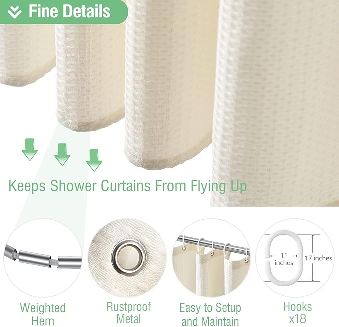 Dynamene Extra Wide Shower Curtain-108 Inch Wide Waffle Weave Weighted Thick Cloth Bathroom Shower Curtain, Neutral Heavy Duty Hotel Bath Curtain Set with 18 Plastic Hooks,108x72, Cream/Ivory