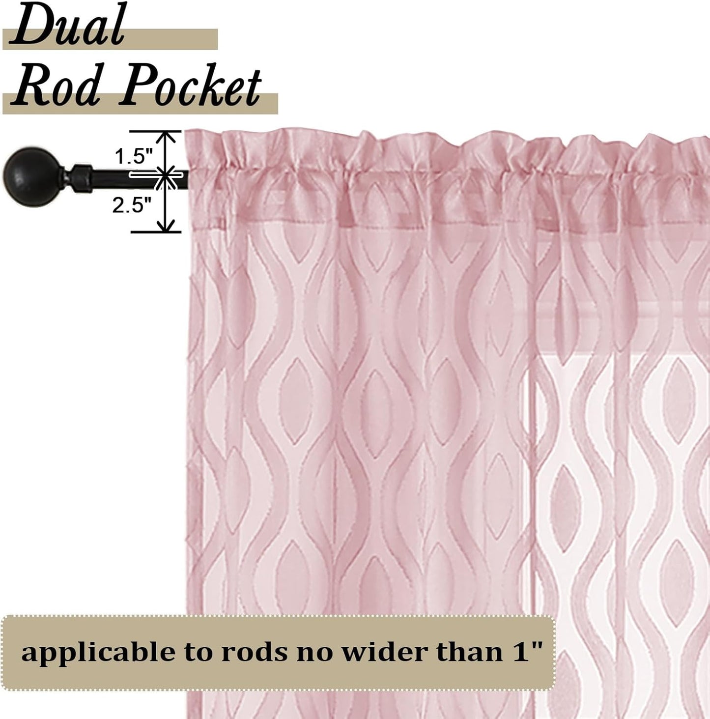 Aiyufeng Sheer Curtains 72 Inches Long for Living Room 2 Panels Set, Light Filtering Clip Jacquard Textured Sheer Bedroom Curtain, Chic Wavy Line Sliding Door Curtains, Blush Pink, 40" Wx72 L Inches